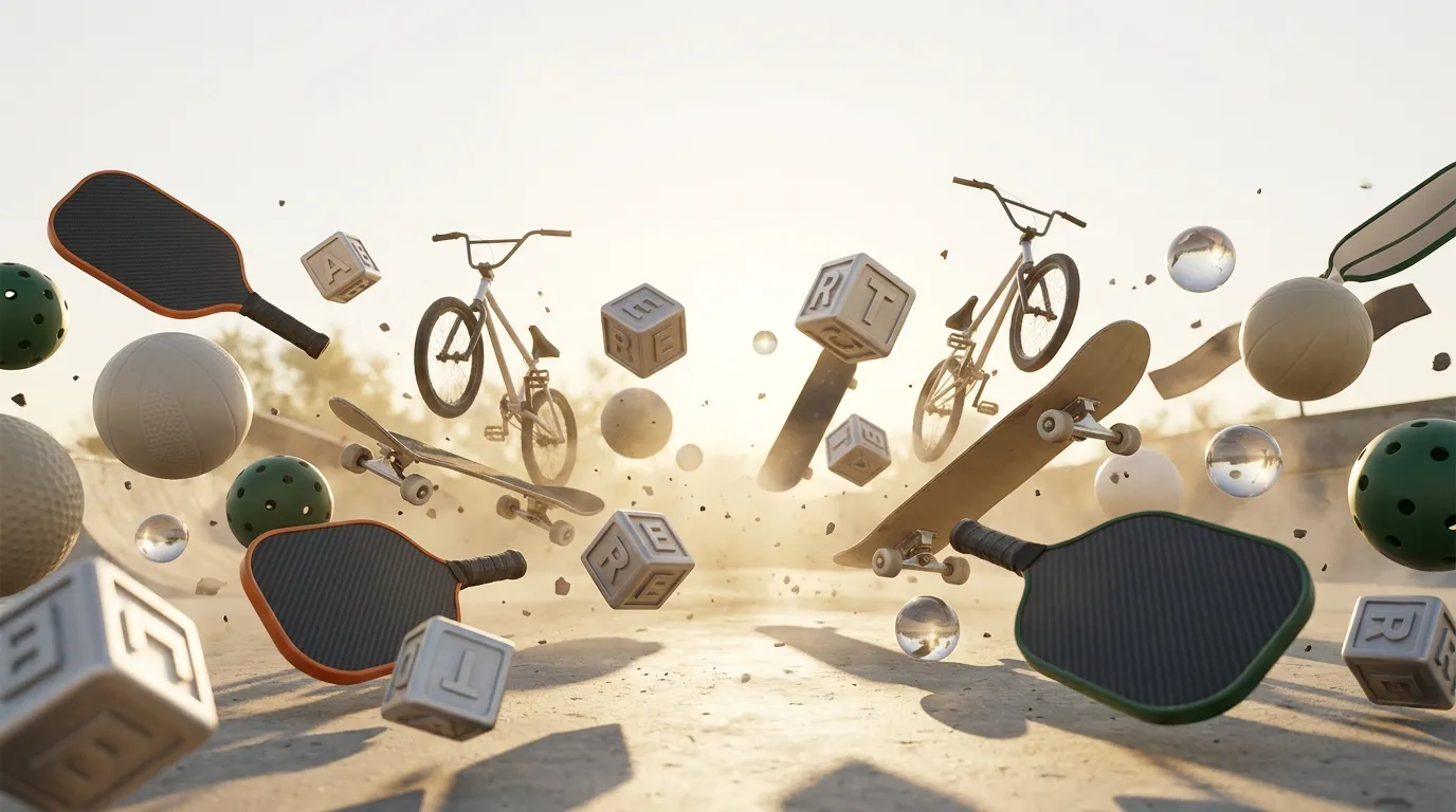 An explosion of game objects — pickleball paddles, skateboards, BMX bikes and lettered blocks in mid-air